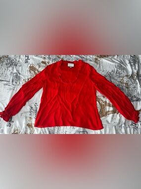 NEW ALEXIO Red Ruffle Blouse Size L Elegant Flowy Statement Top Holiday Party